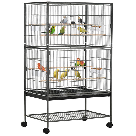 52'' Large Rolling Steel Bird Cage Bird House with Rolling Stand, Storage Shelf, Wood Perch, Food Container, Dark Grey