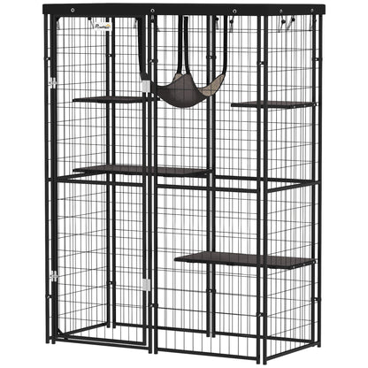Metal Cat Cage with Waterproof Cover, 4 Platforms, Hammock, Washable Cushions for 1-3 Kittens, 46.5" x 22" x 62", Black