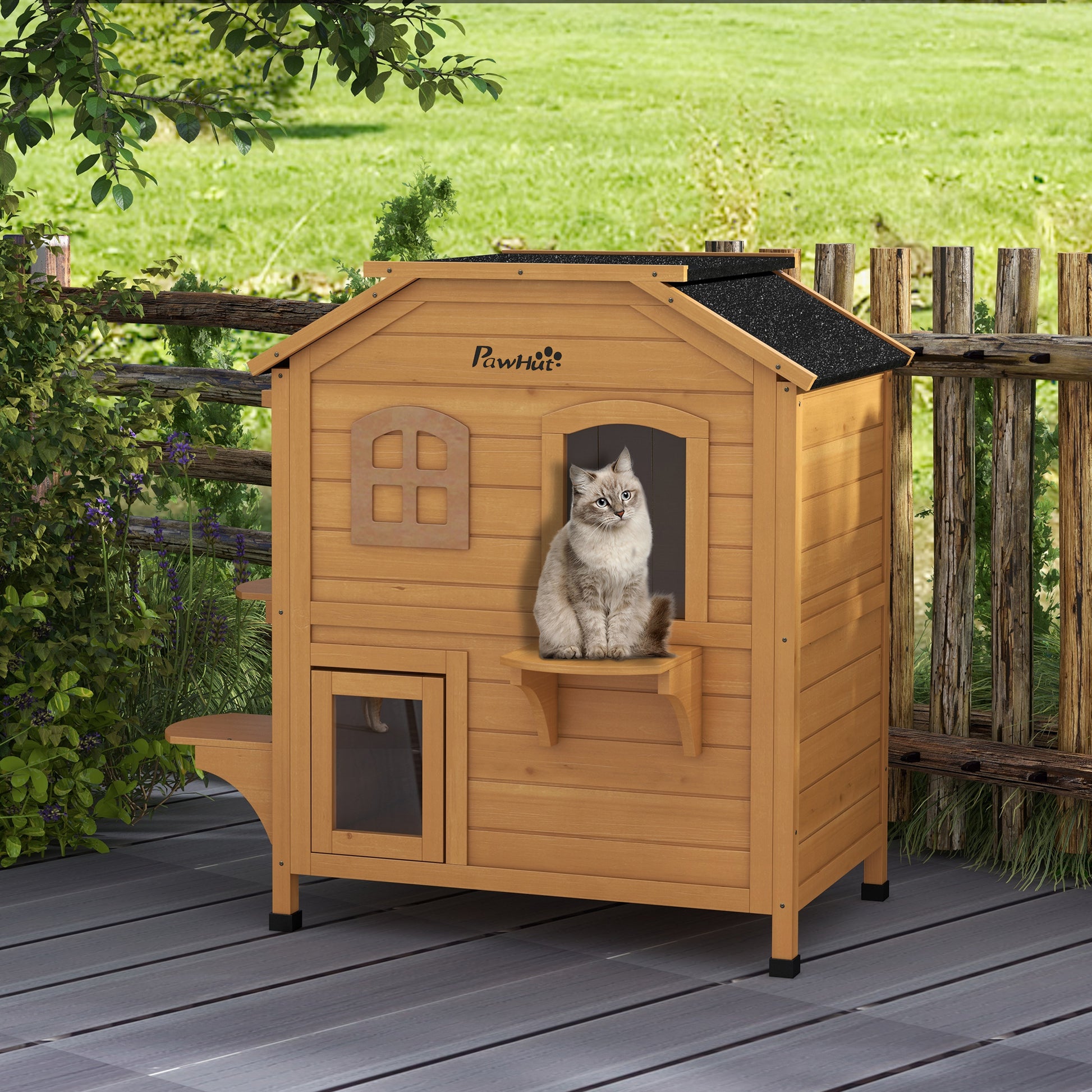 2-Storey Outdoor Cat House, Wooden Catio with Openable Roof, Lounge Space, Fun Entrances, for Feral Cats, Yellow