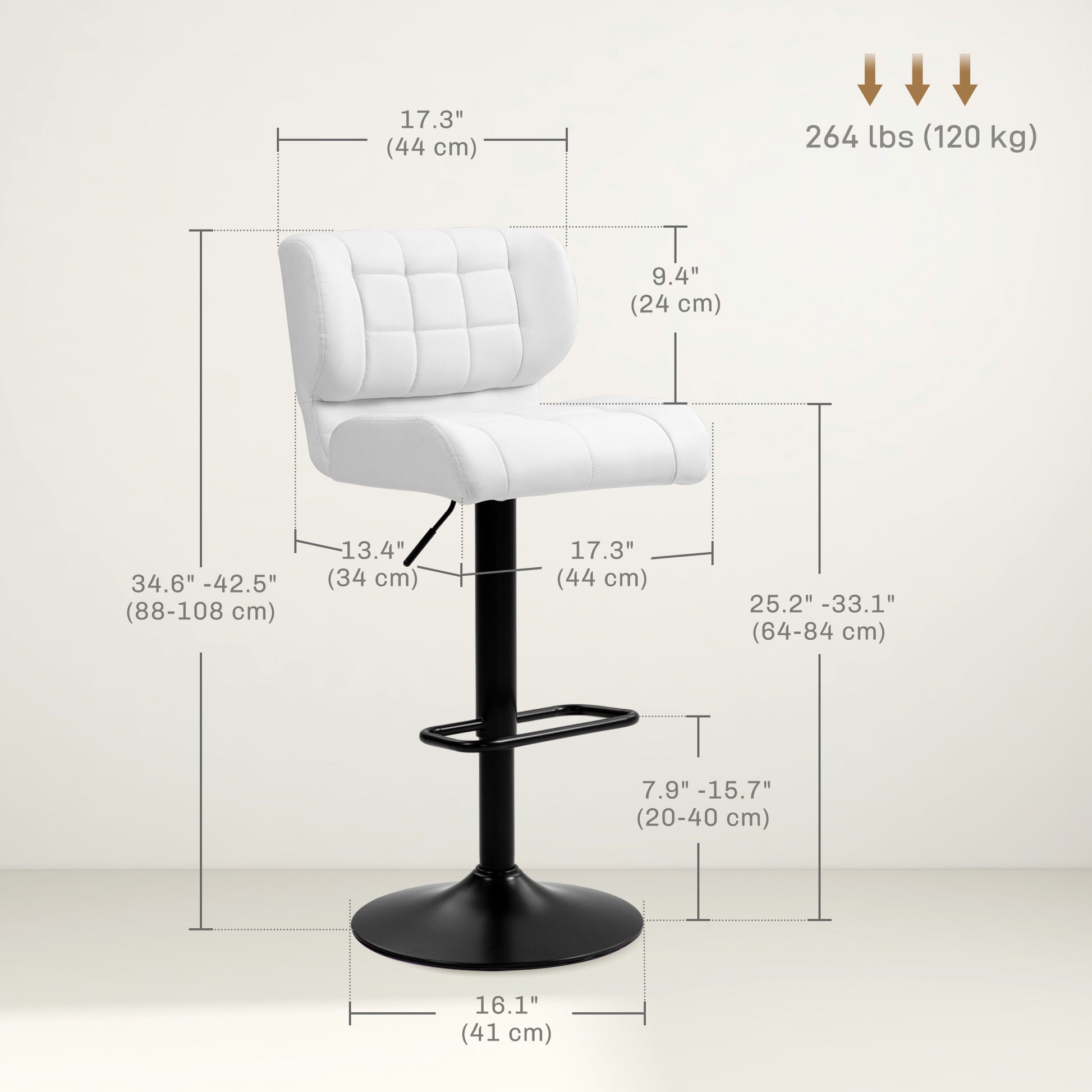 Swivel PU Leather Barstools Set of 2 Adjustable Bar Stools with Footrest Back for Kitchen Counter Dining Room White