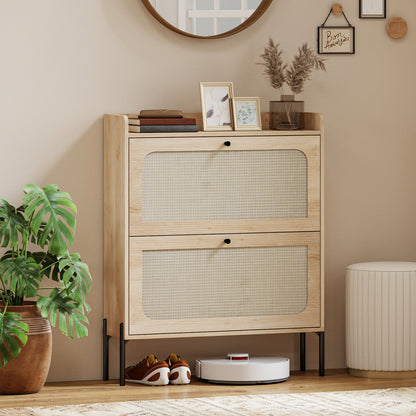Shoe Cabinet with 2 Flip Drawers, Boho Narrow Shoe Storage Cabinet, Oak