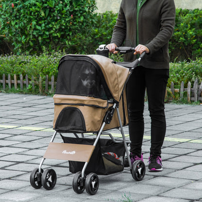 Pet Stroller Foldable Carrier for Cat, Dog and More 4 Wheels Travel Jogger with Cup Holder, Storage Basket, 360 ° swiveling front wheels, Easy Fold, Coffee