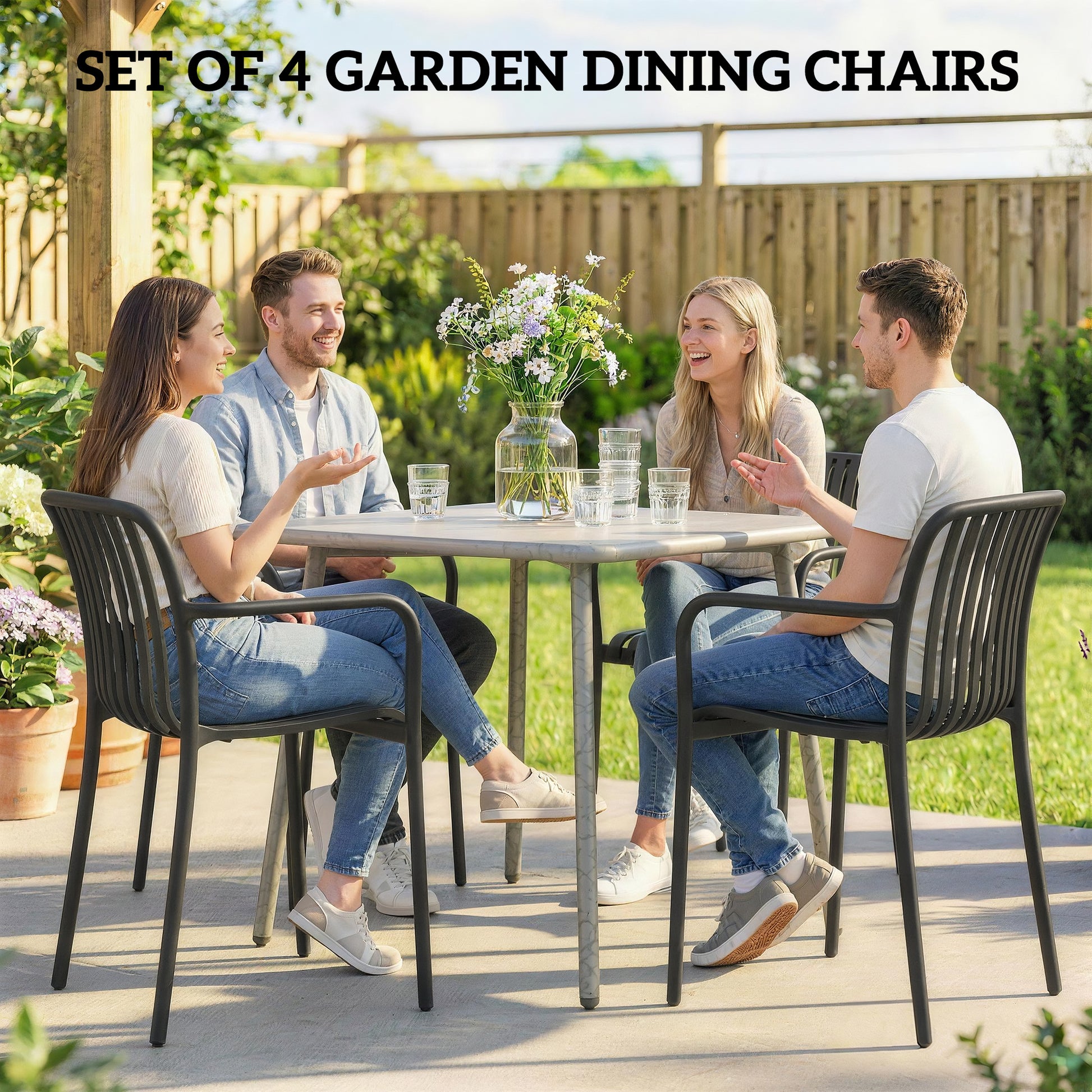 Stackable Patio Chairs Set of 4, Outdoor Dining Chairs with Slatted Seat, Curved Backrest, Armrests, Black