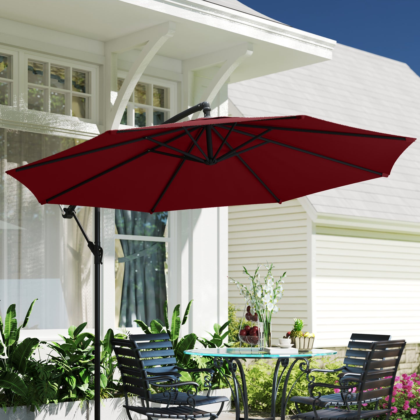 9.7ft Offset Patio Umbrella Garden Hanging Parasol Banana Cantilever Umbrella with Base, Crank, Wine Red