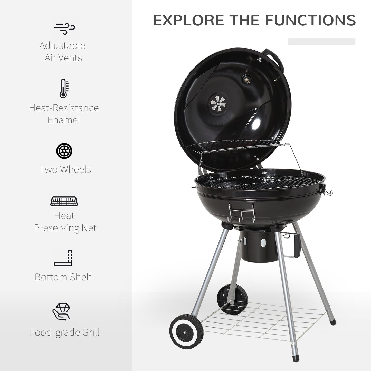 Portable Kettle Charcoal Grill for Outdoor Grilling Heat Control BBQ Barbecue