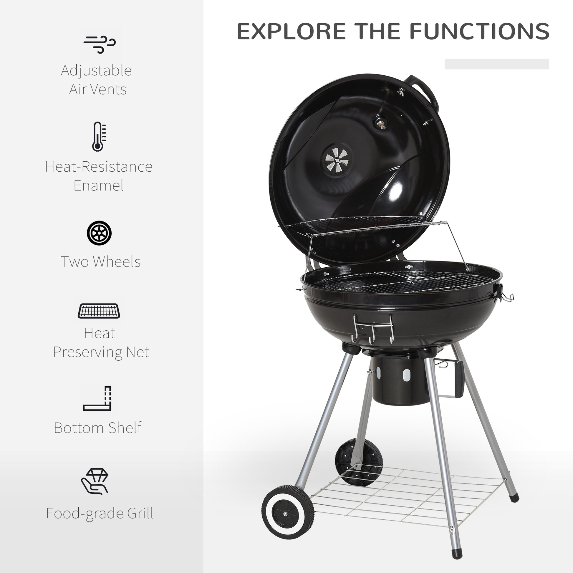 Portable Kettle Charcoal Grill for Outdoor Grilling Heat Control BBQ Barbecue