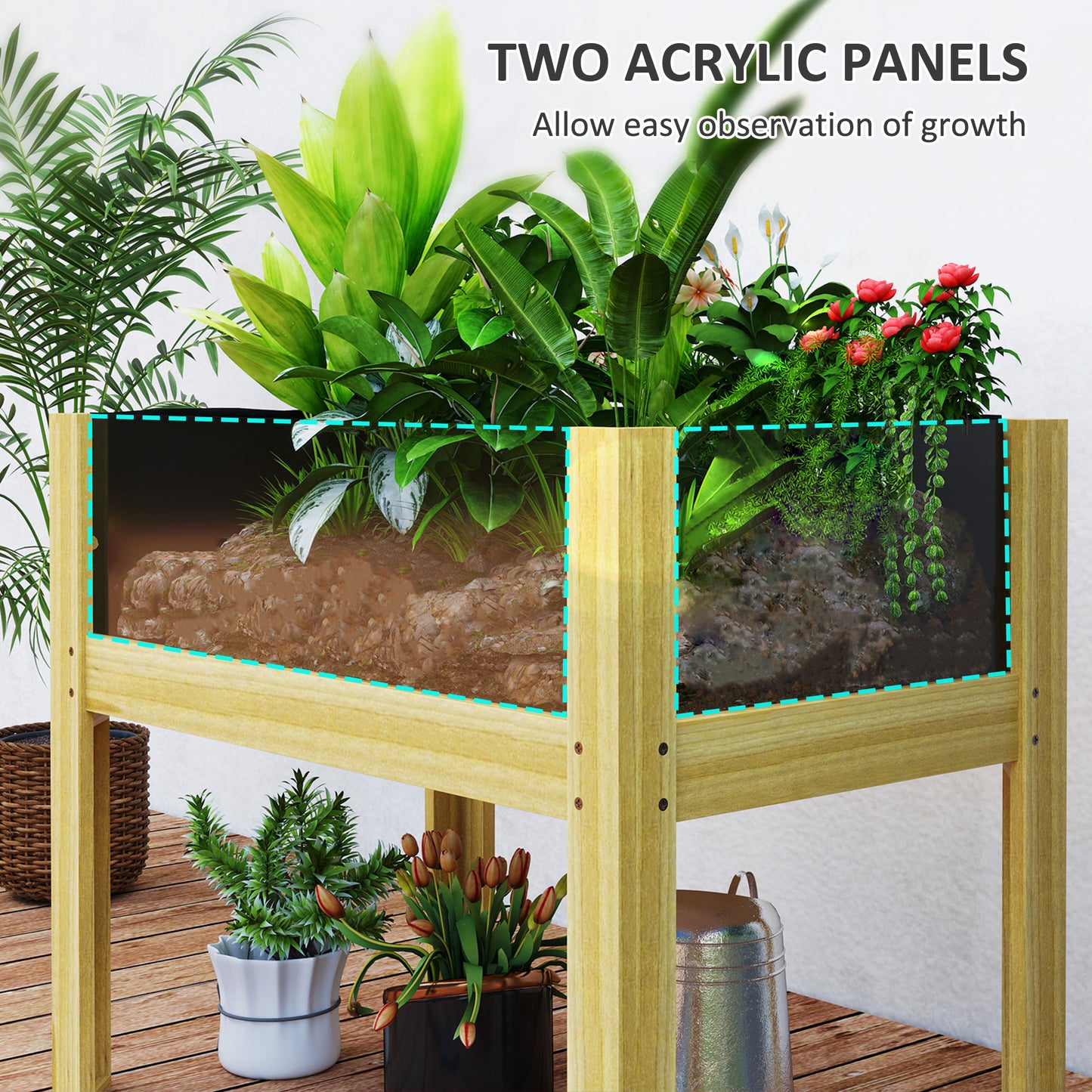 Wooden Raised Garden Bed with Acrylic Panels, Raised Planter Box with Drainage Holes, 29.5" x 18.1" x 23.8"