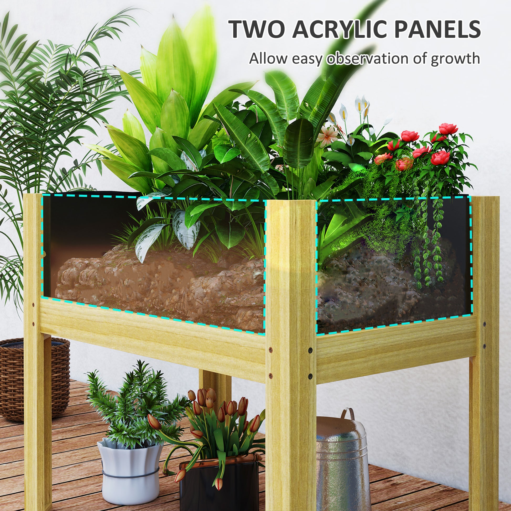 Wooden Raised Garden Bed with Acrylic Panels, Raised Planter Box with Drainage Holes, 29.5" x 18.1" x 23.8"