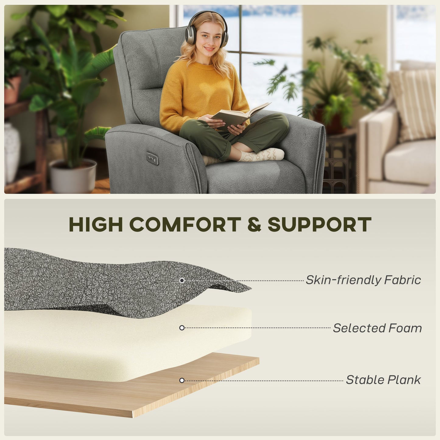Power Recliner Chair, Fabric Upholstered Recliner Chair with USB Ports, Footrest, Grey