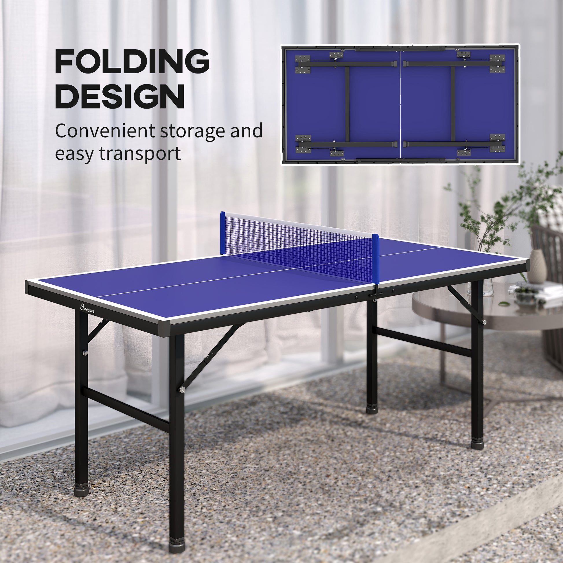 Soozier 5' x 2.5' Mini Ping Pong Table with Professional UV Treated Tabletop, Foldable Table Tennis Table with Adjustable Feet and Net for Outdoor and Indoor, Blue