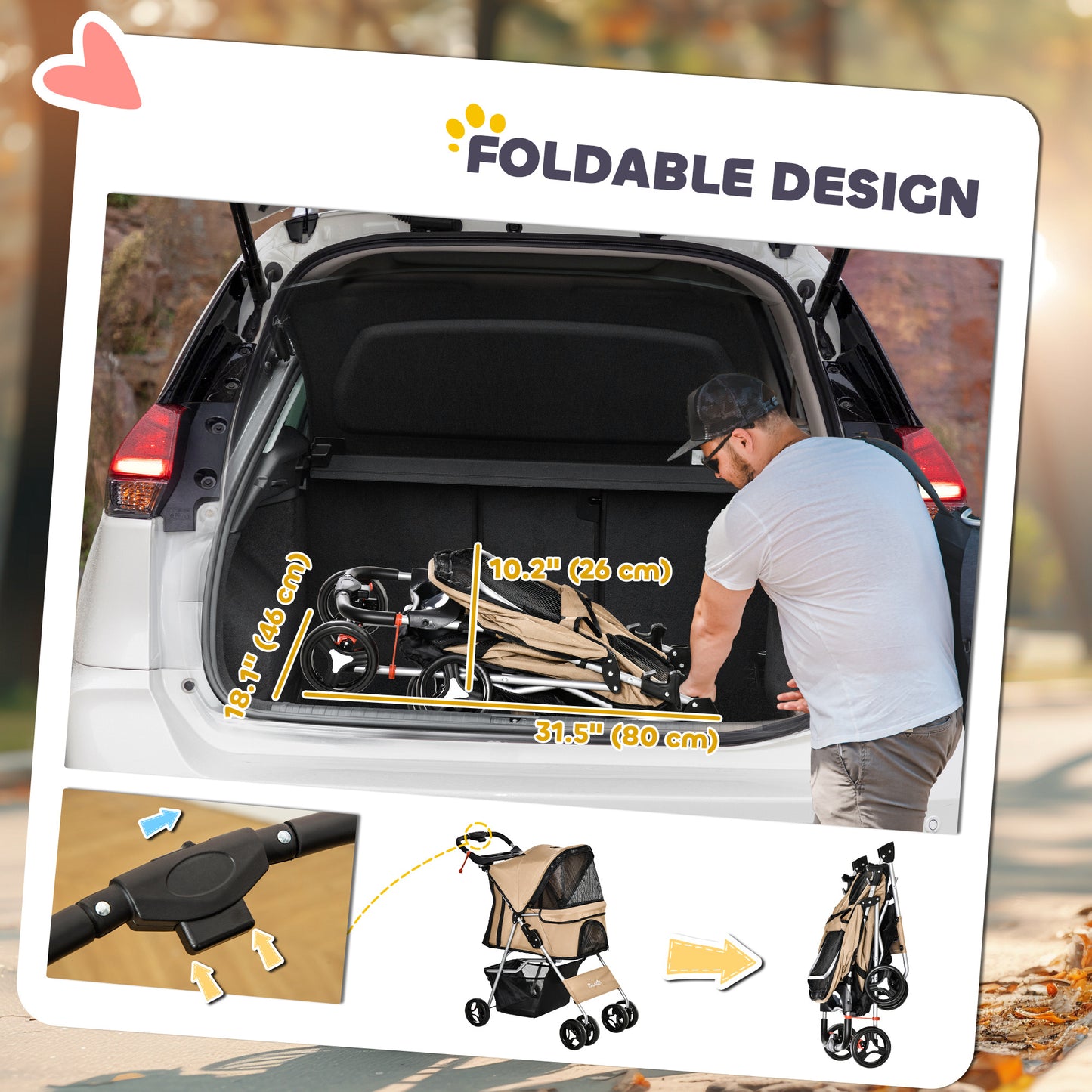 Pet Stroller Foldable Carrier for Cat, Dog and More 4 Wheels Travel Jogger with Cup Holder, Storage Basket, 360 ° swiveling front wheels, Easy Fold, Coffee
