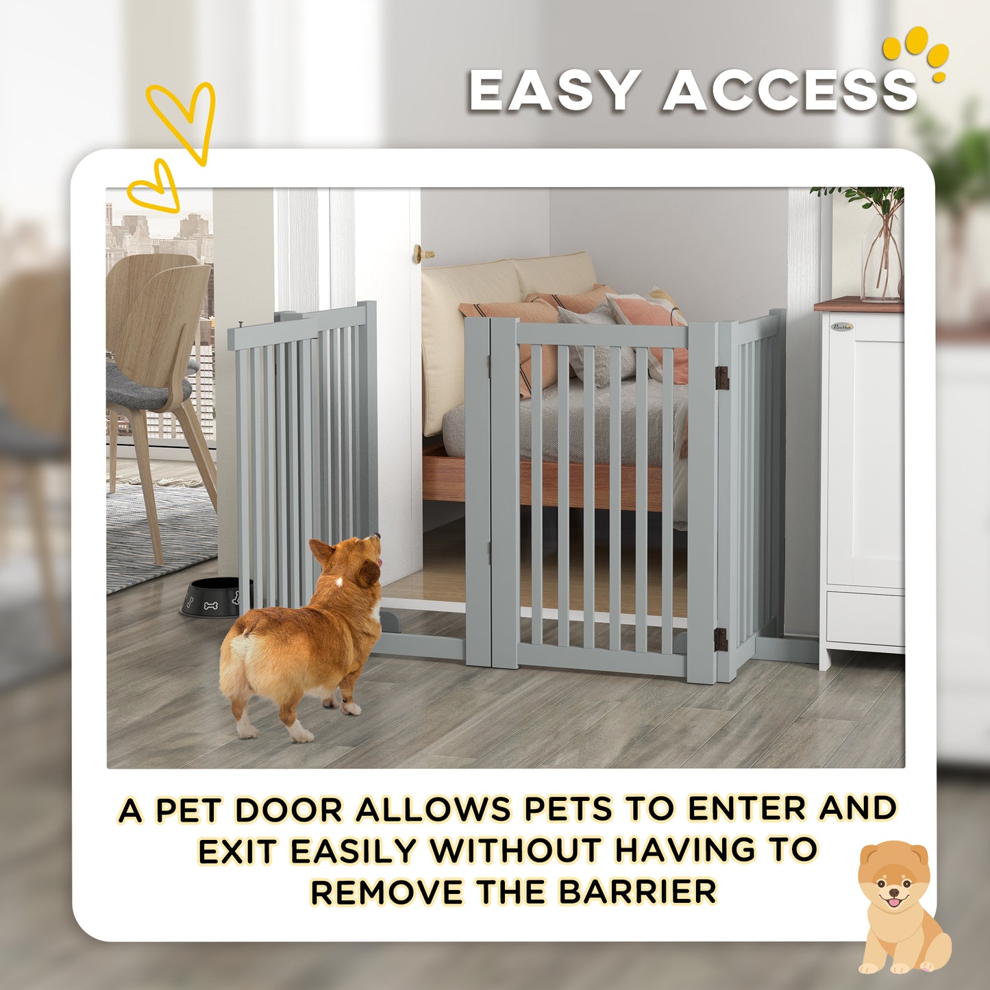 4 Panel Free Standing Wooden Pet Gate with Open Door Light Grey