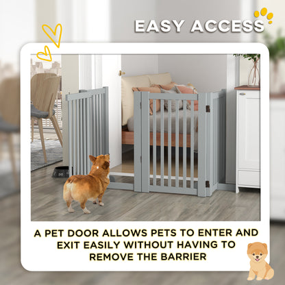 4 Panel Free Standing Wooden Pet Gate with Open Door Light Grey
