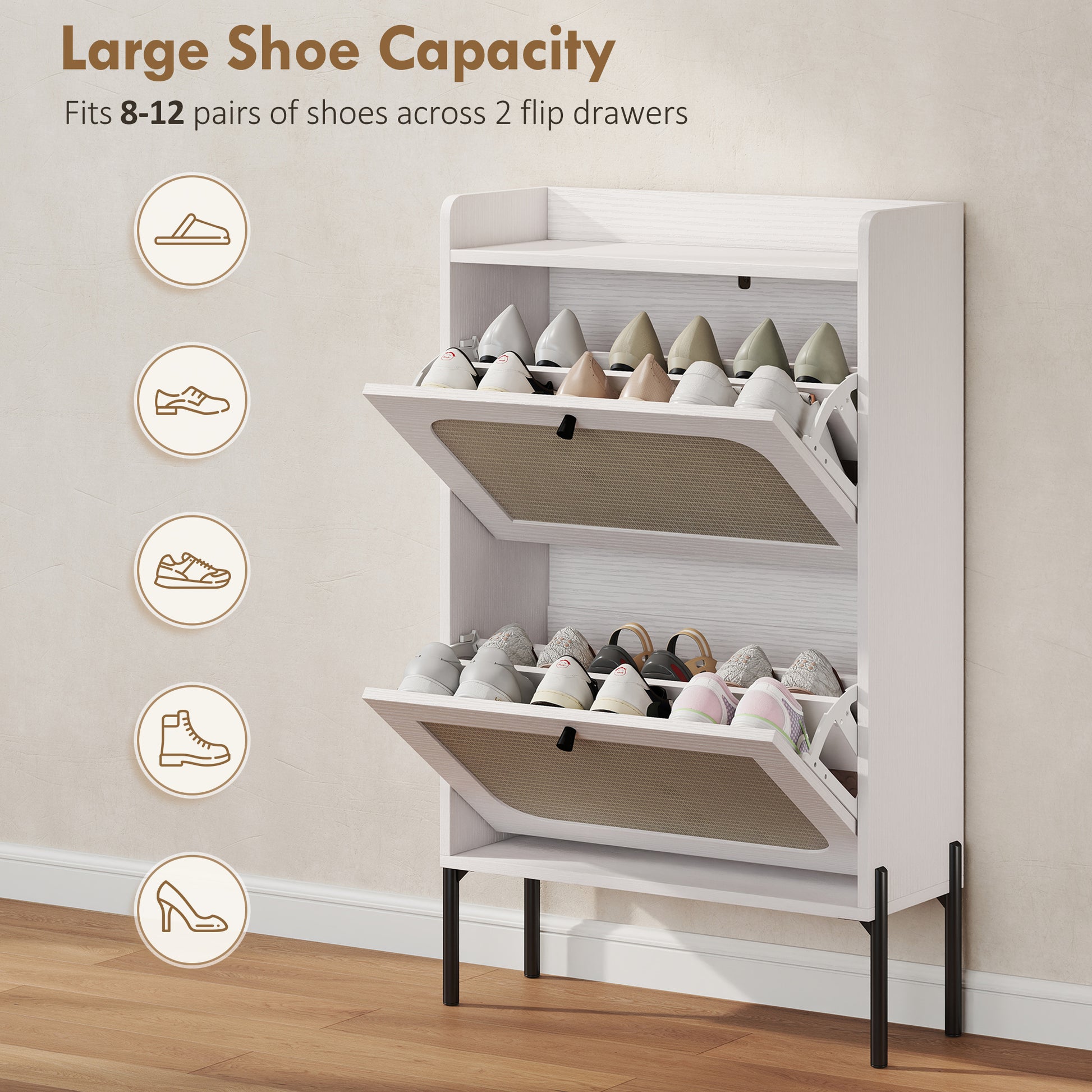 Shoe Cabinet with 2 Flip Drawers, Boho Narrow Shoe Storage Cabinet, White