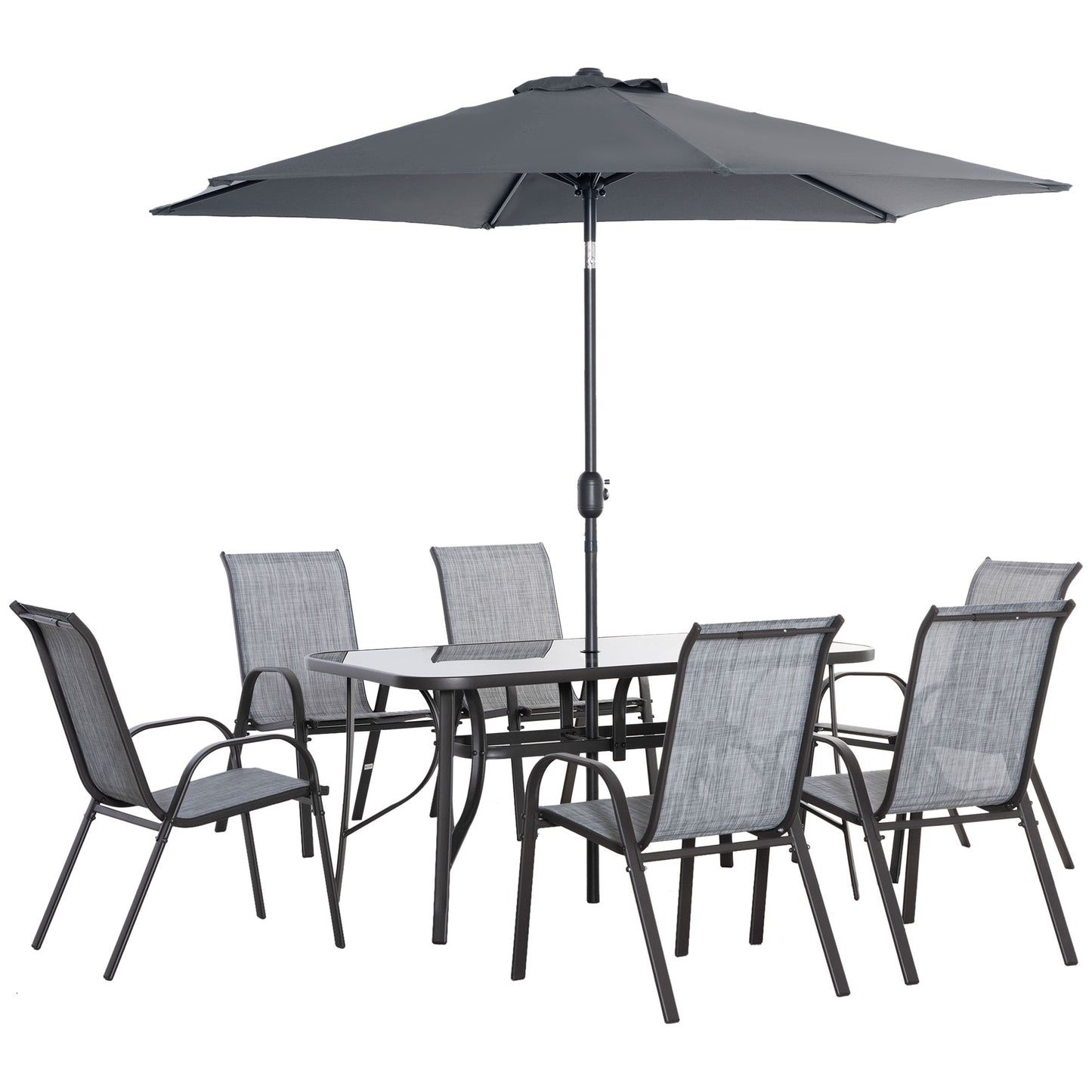 8 Pieces Patio Dining Set with Umbrella, 6 Chairs and Table, Grey
