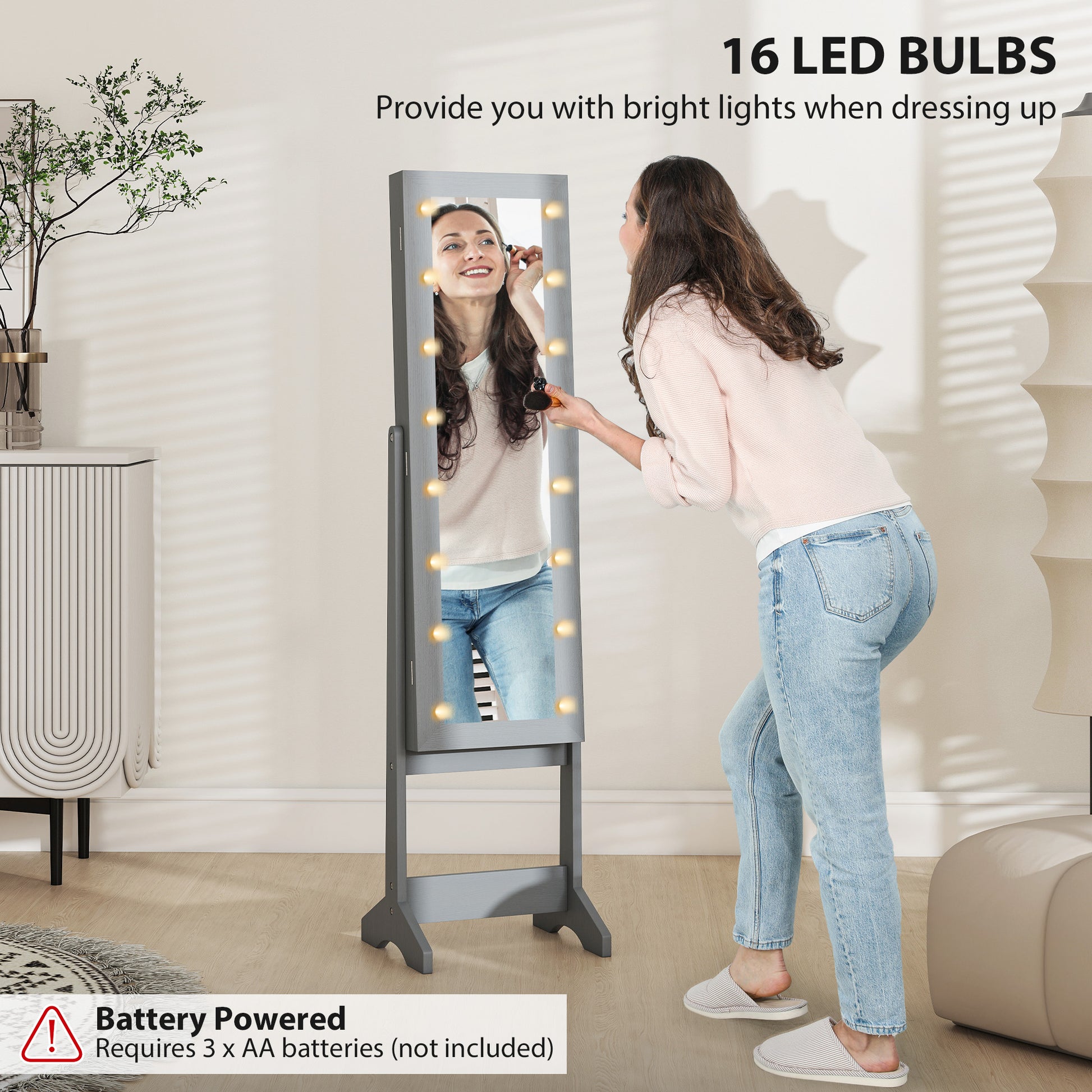 Free Standing Armoire Organizer, Lighted Mirrored Jewelry Cabinet w/ Angle Adjustable & 16 LED Lights, Grey
