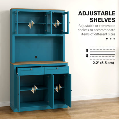 71" Pantry Cabinet with Microwave Space, Buffet with Hutch, 2 Drawers, Adjustable Shelves and Glass Doors, Navy Blue