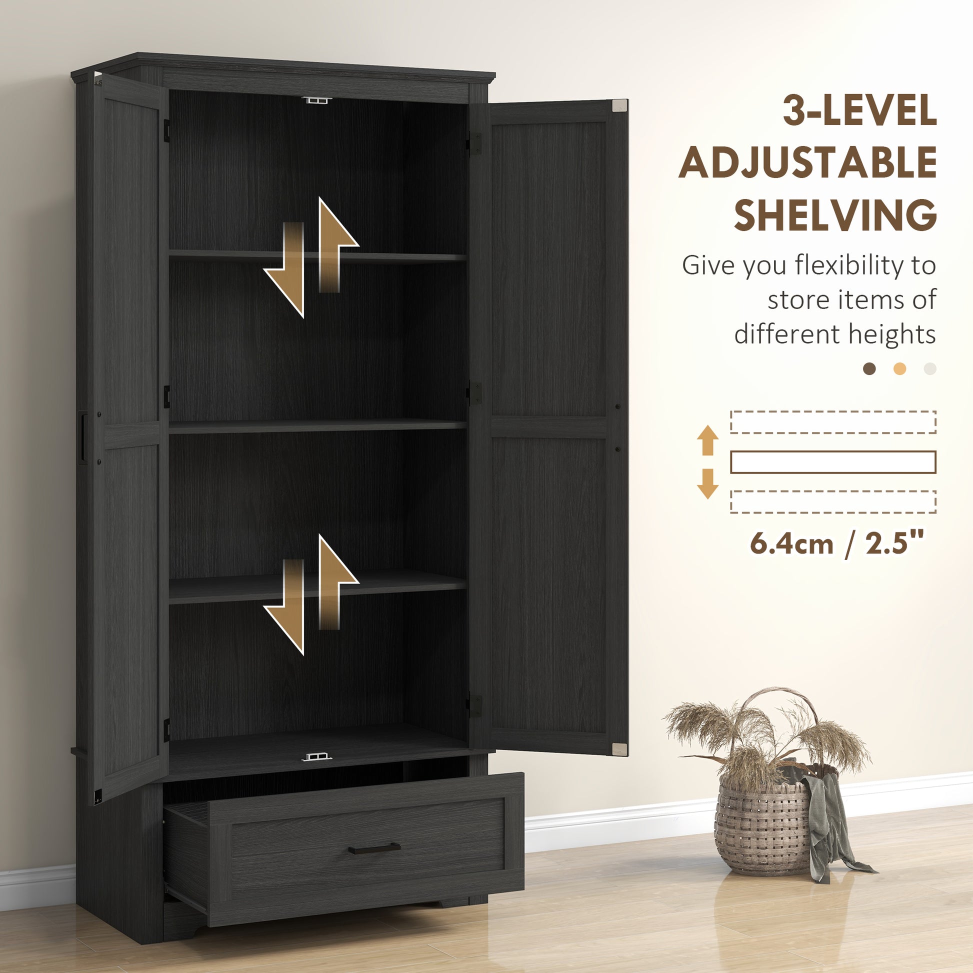 69" Tall Farmhouse Kitchen Pantry Cabinet with 2 Doors, Drawer and Adjustable Shelves, Black Wood Grain