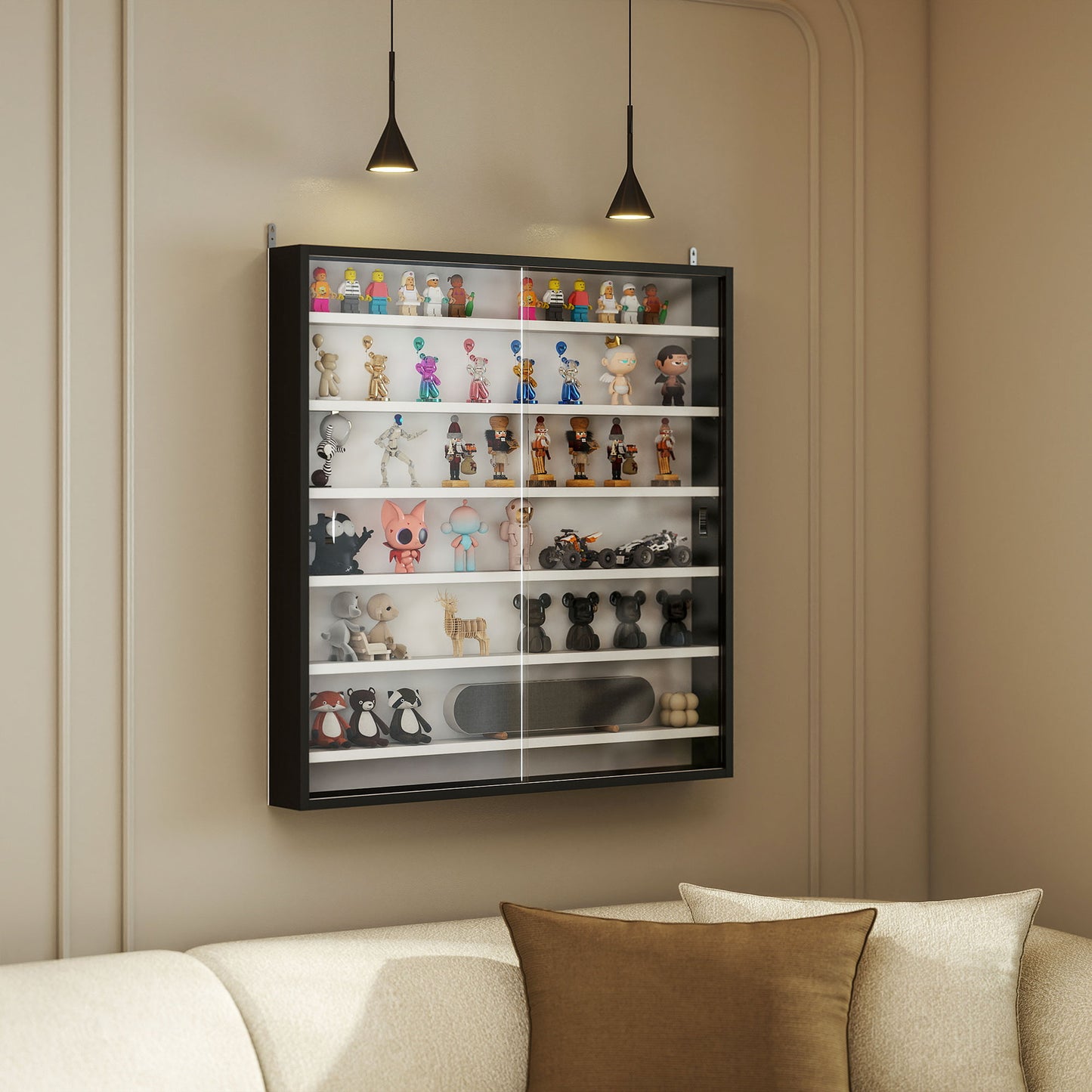 7-Tier Display Cabinet, Shot Glass Display Case, Glass Curio Cabinet with Glass Doors, Black and White