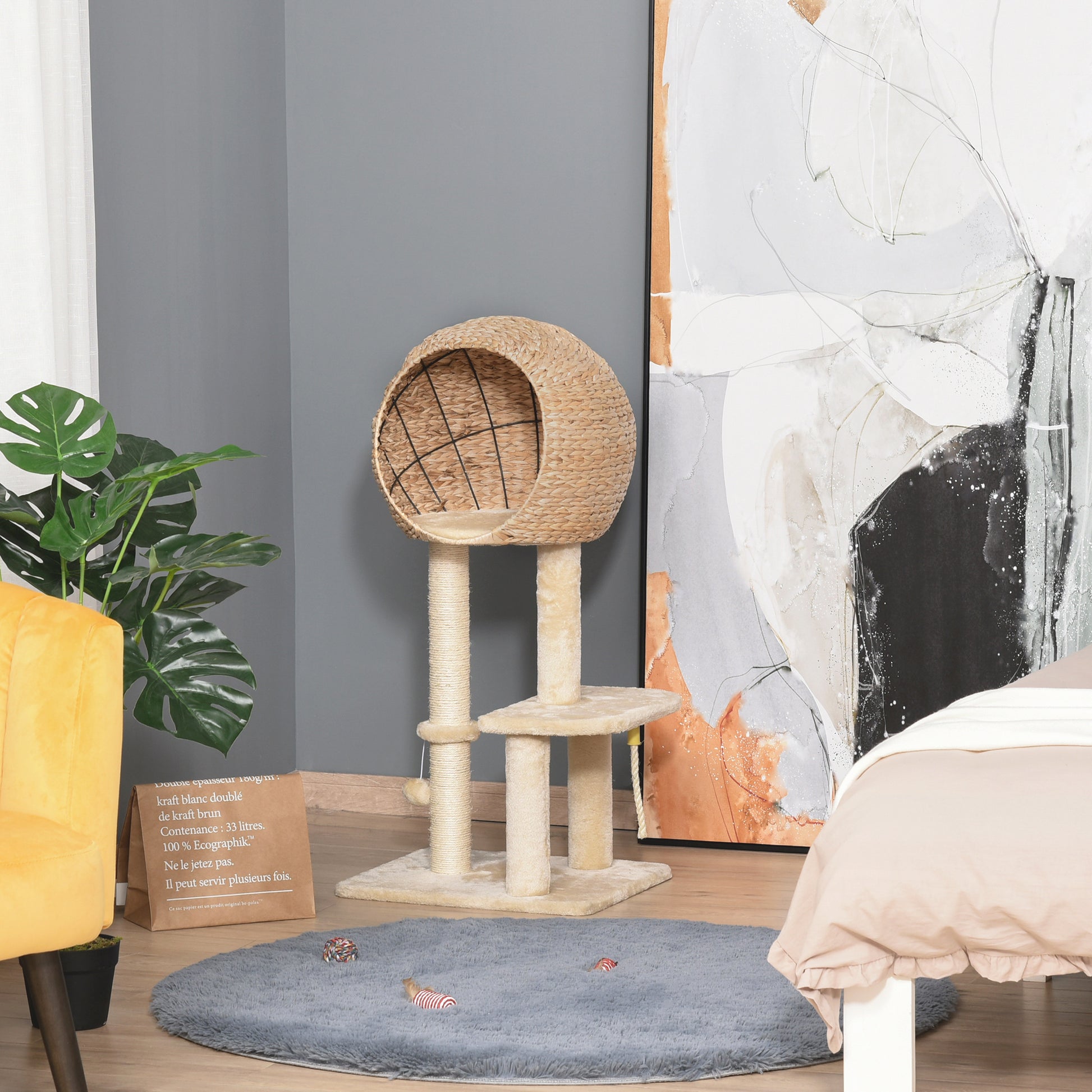 39" H Cat Tree with Sisal Scratching Post, Condo, Plush Perch, Hanging Rope and Hanging Ball, Beige
