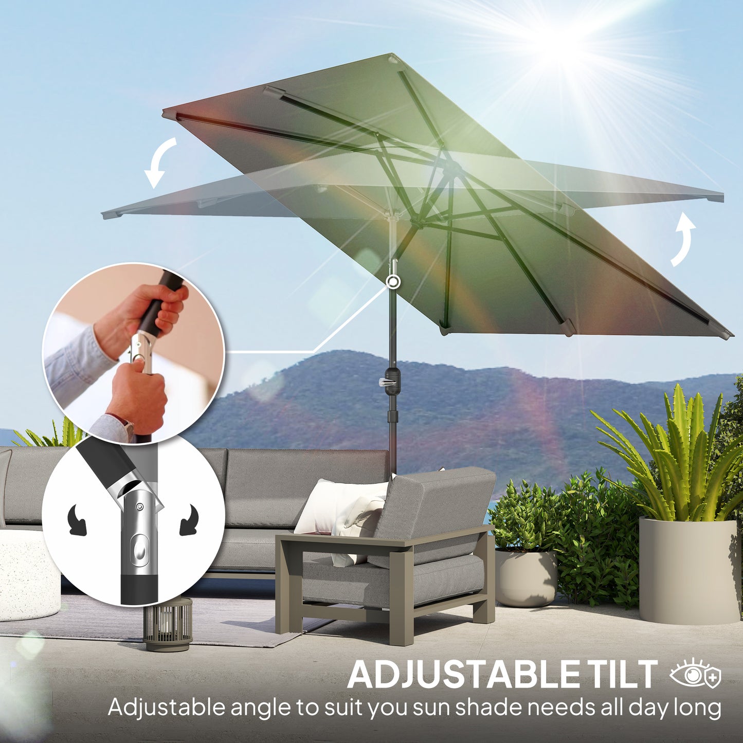 6.5x9.6ft Rectangle Aluminum Tilt Patio Umbrella, Garden Market Parasol, Outdoor Sunshade Canopy with Crank, Light Grey
