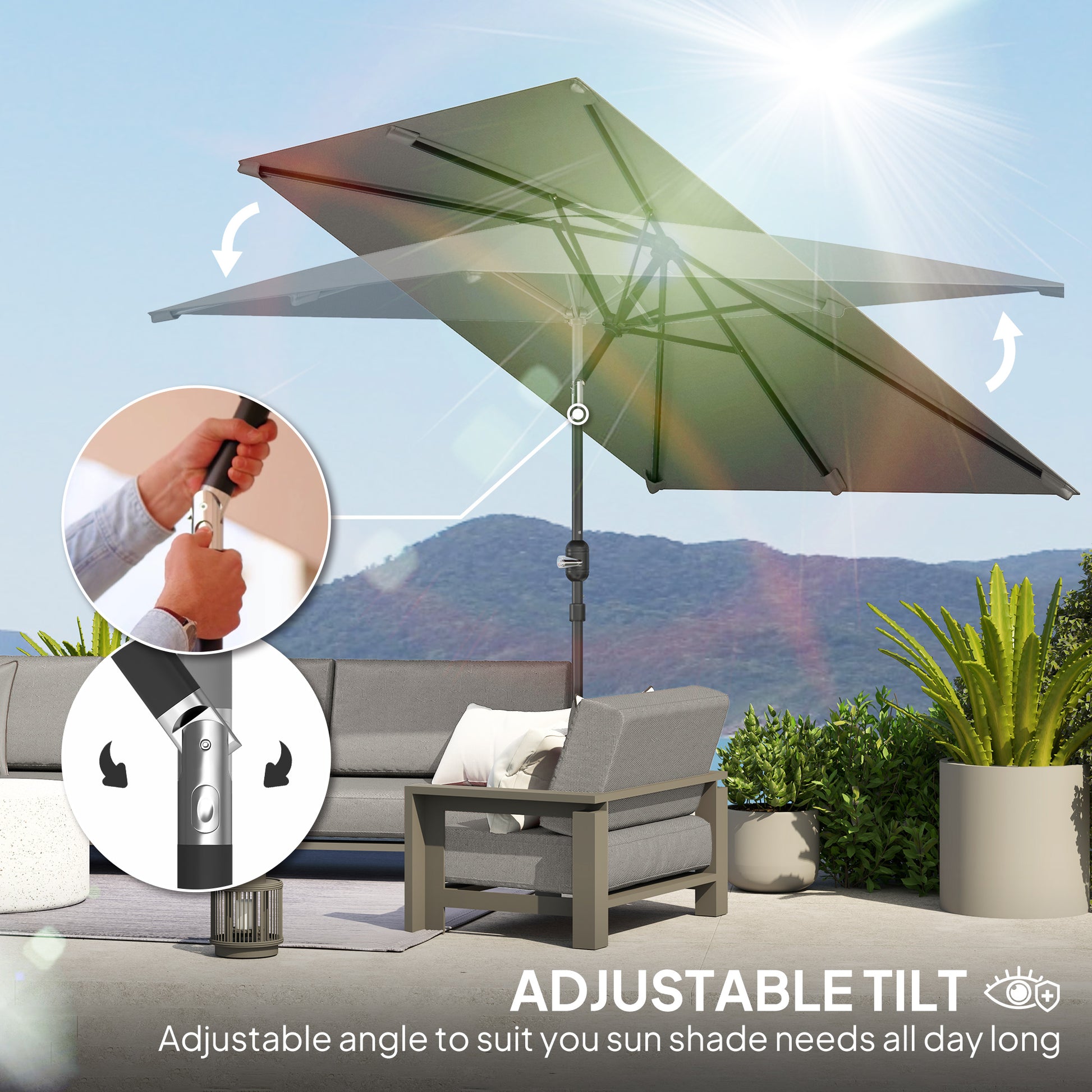 6.5x9.6ft Rectangle Aluminum Tilt Patio Umbrella, Garden Market Parasol, Outdoor Sunshade Canopy with Crank, Light Grey