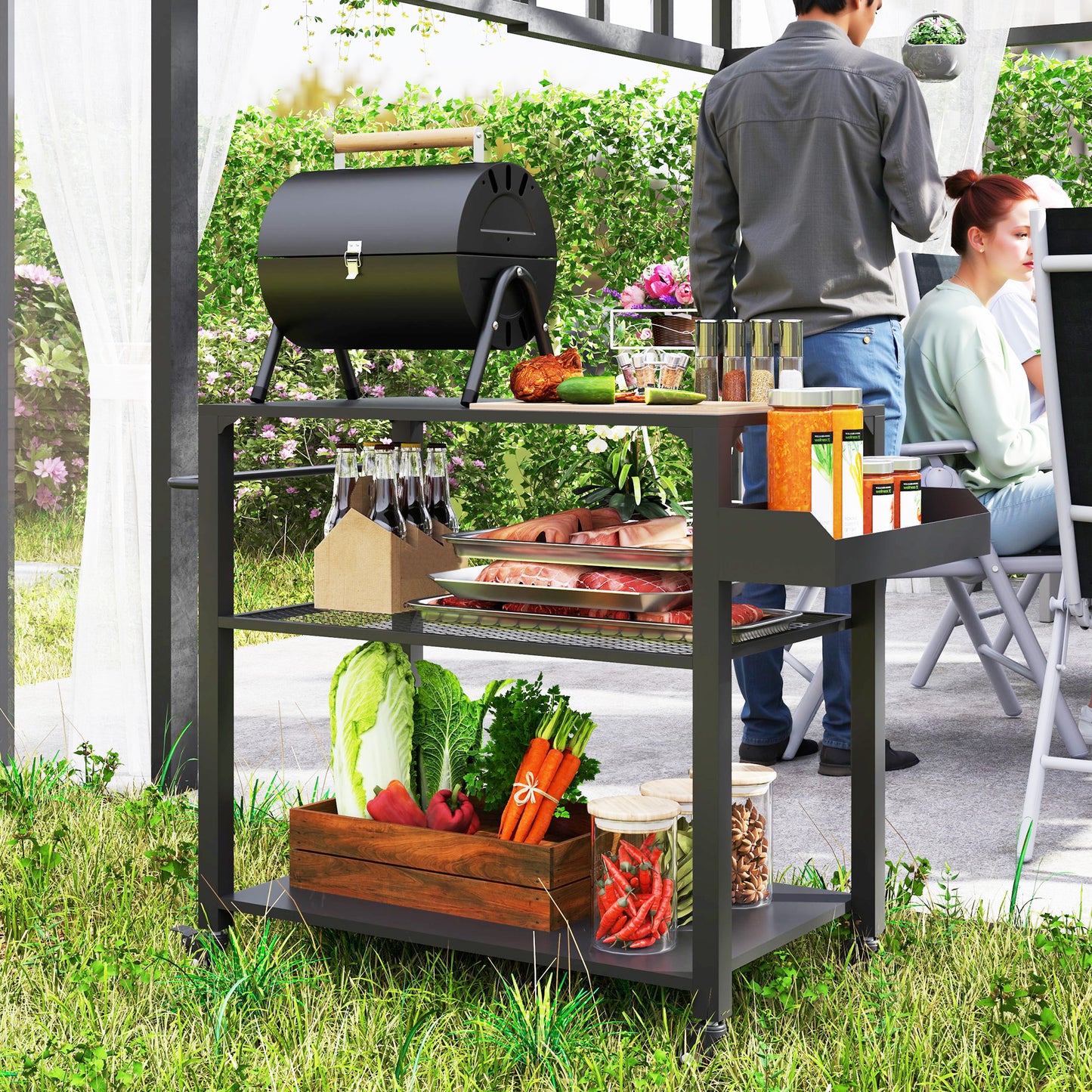 3-Tier Outdoor Grill Dining Cart with Storage Rack, Pizza Oven Stand with Side Handle, 4 Wheels for Backyard Party