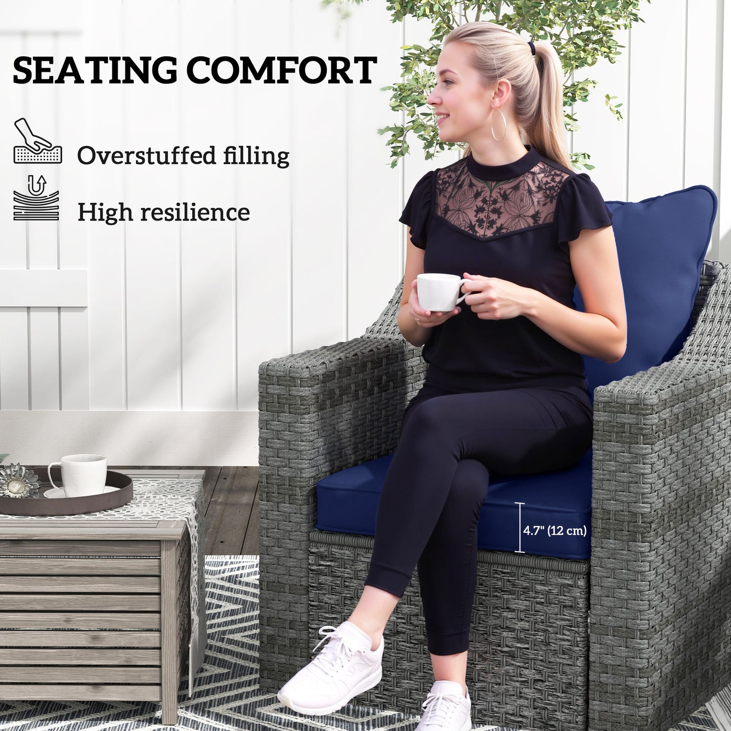 Seat Cushion Back Pillows Replacement Set of 2, Patio Chair Cushions Set for Indoor Outdoor, Dark Blue