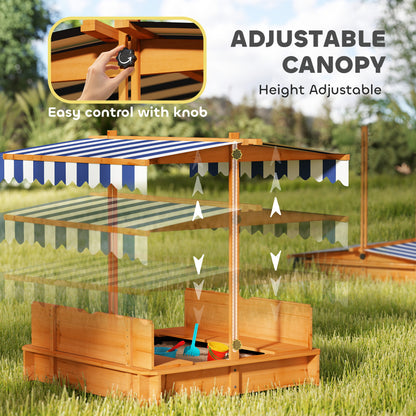 Wooden Kids Sandbox with Cover, Sand Play Station with Foldable Bench Seats and Adjustable Canopy, Red