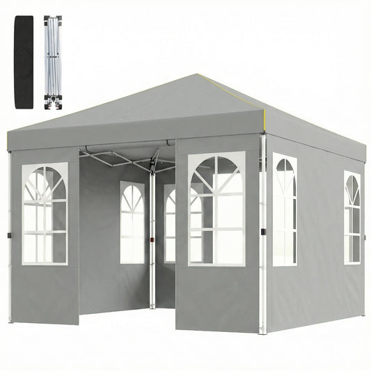 9.6 x 9.6 ft Pop Up Canopy Tent with 4 Sidewalls, UPF 50+ 1-Button Push Easy Setup Outdoor Instant Canopy, Light Grey