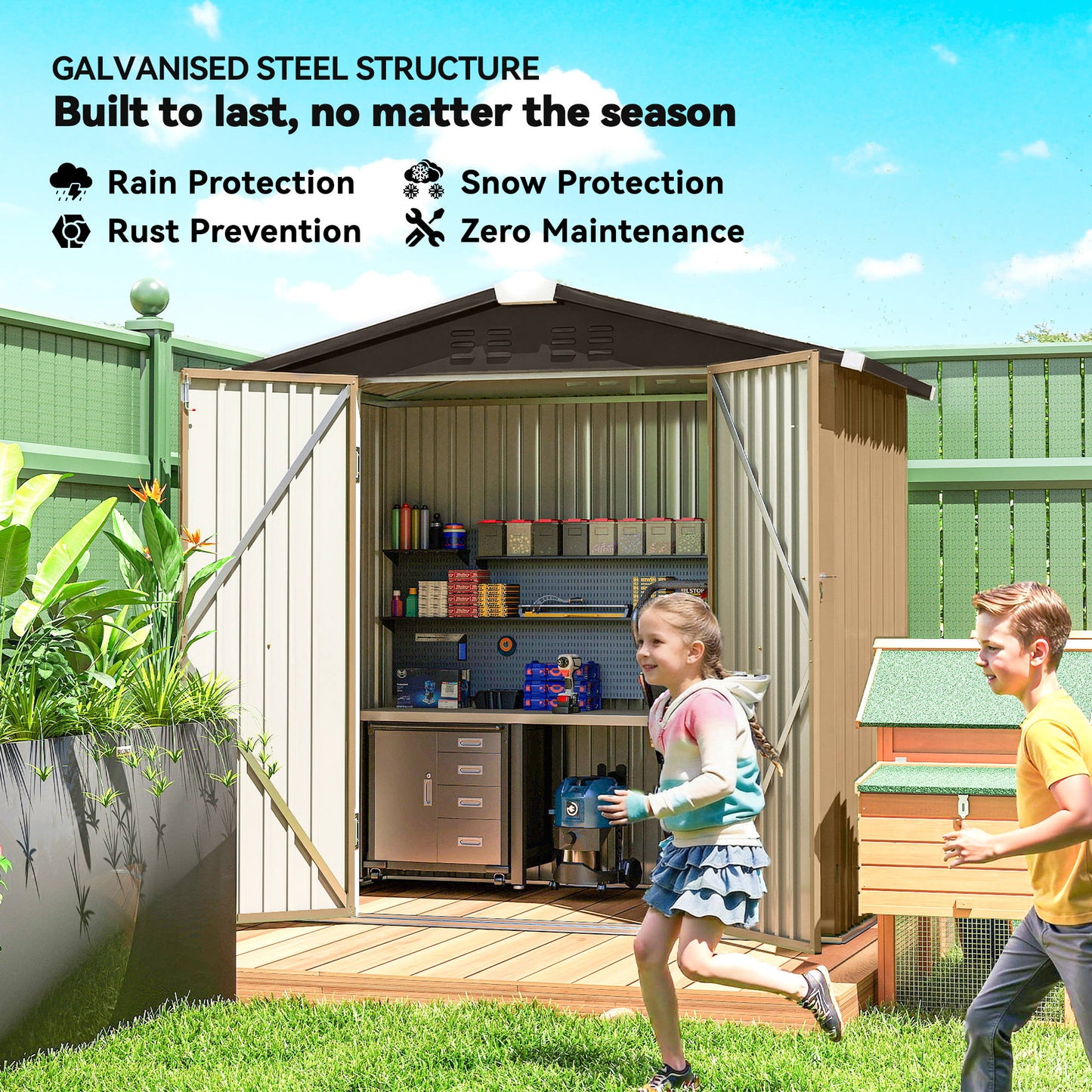 6.5' x 4' Outdoor Storage Shed, Metal Garden Shed with Lockable Double Doors, 4 Vents, Yellow