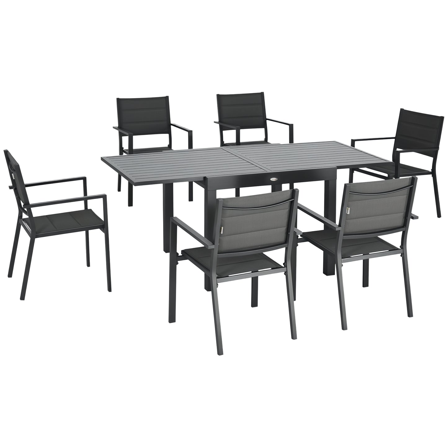 Patio Dining Set for 6, Aluminum Expandable Outdoor Table and 6 Stackable Chairs with Padded Back, Mesh Seat, Dark Grey