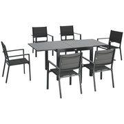 Patio Dining Set for 6, Aluminum Expandable Outdoor Table and 6 Stackable Chairs with Padded Back, Mesh Seat, Dark Grey