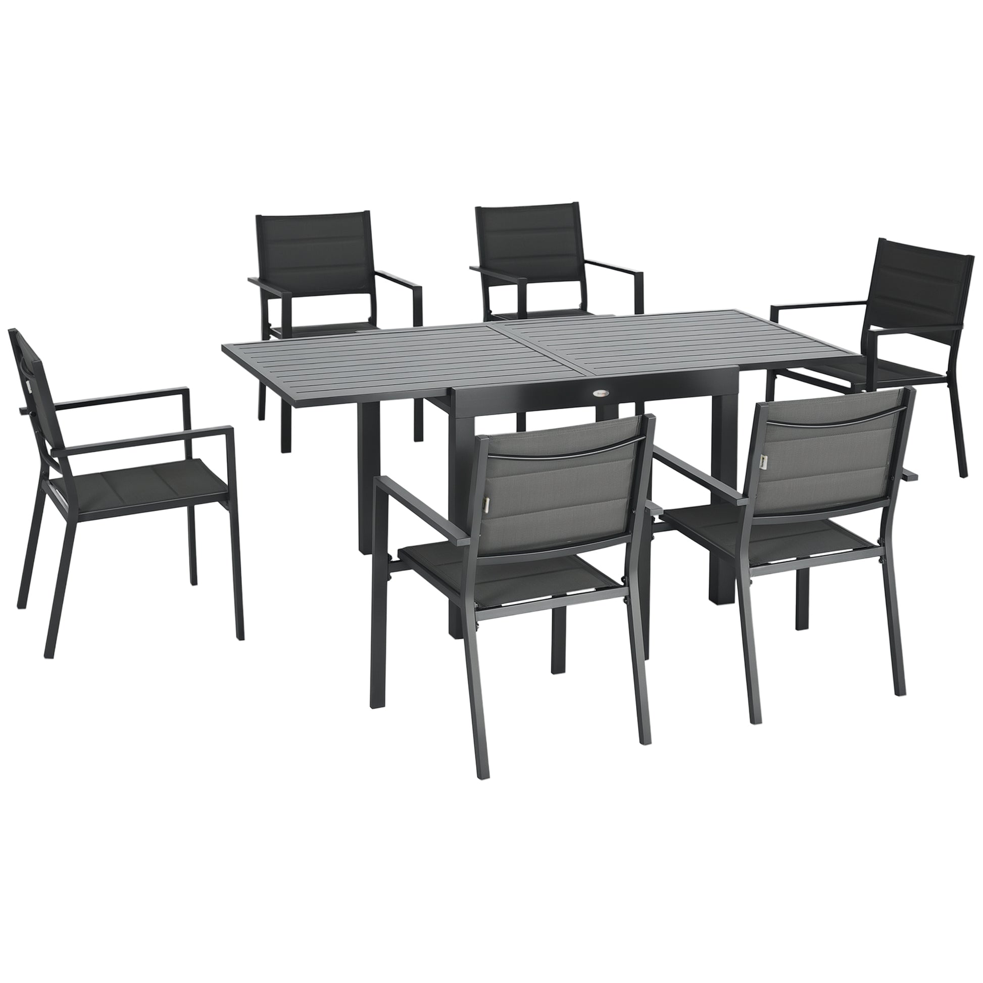 Patio Dining Set for 6, Aluminum Expandable Outdoor Table and 6 Stackable Chairs with Padded Back, Mesh Seat, Dark Grey