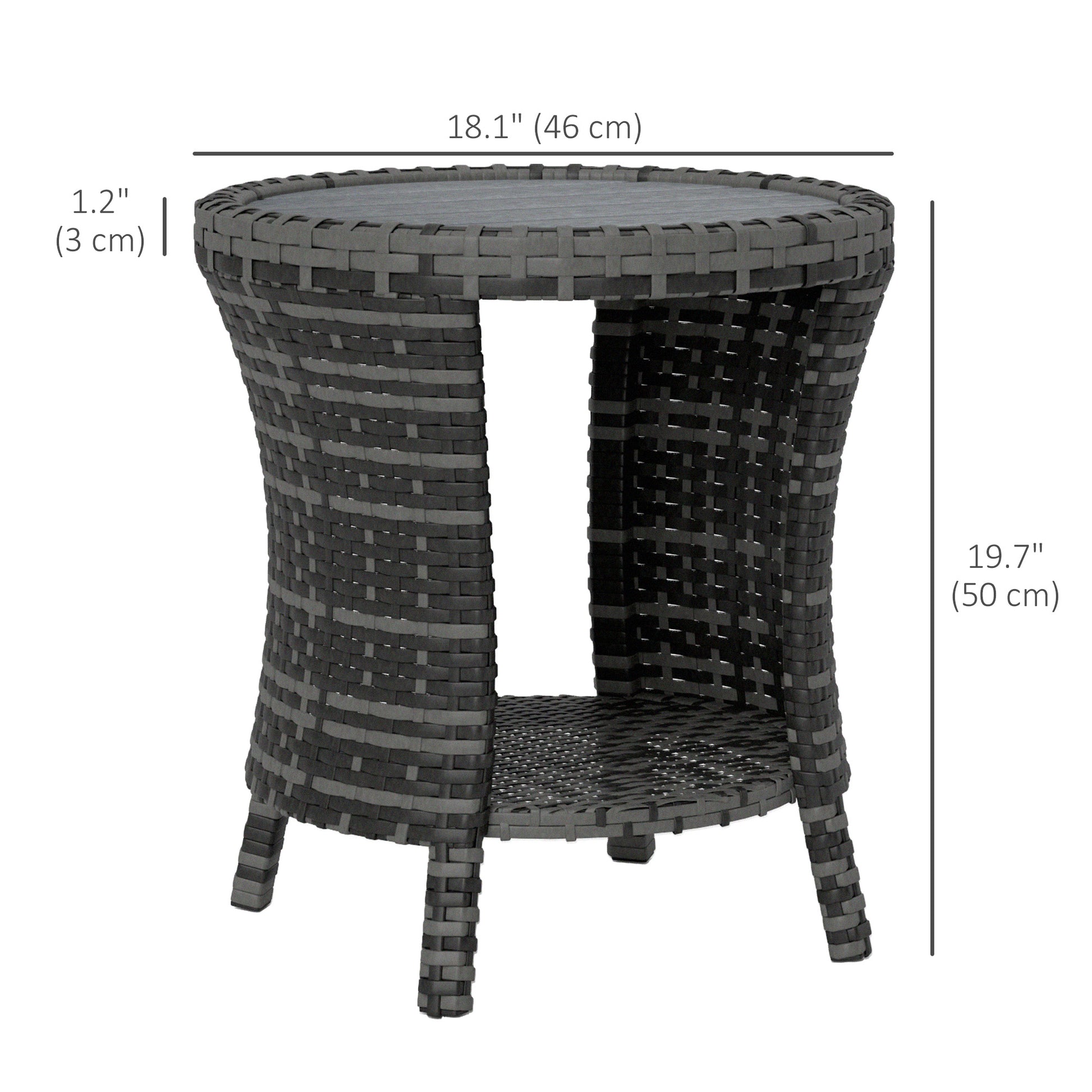 18" Wicker Outdoor Coffee Table, PE Rattan Patio Side Table with 2-Tier Storage, Composite Wood Top, Grey