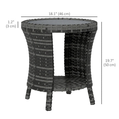 18" Wicker Outdoor Coffee Table, PE Rattan Patio Side Table with 2-Tier Storage, Composite Wood Top, Grey