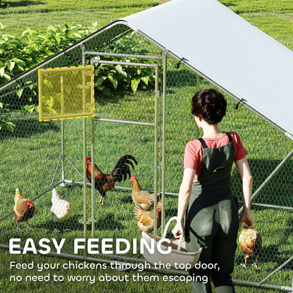 Large Metal Chicken Run with Waterproof & UV-Resistant Cover, Feeding Door, Hanging Feeder, Perch for 6-8 Chickens