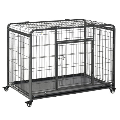 Folding Heavy Duty Dog Crate Heavy Duty Cage for Large Sized Dogs with Double Doors, Lockable Wheels Tray, 43" x 28" x 31"