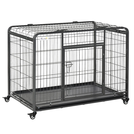 Folding Heavy Duty Dog Crate Heavy Duty Cage for Large Sized Dogs with Double Doors, Lockable Wheels Tray, 43" x 28" x 31"