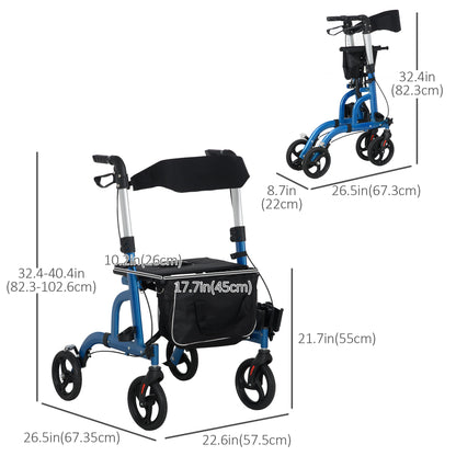 Rollator Walker for Seniors and Adults with 8'' Wheels, Padded Seat and Backrest, Storage Bag Blue