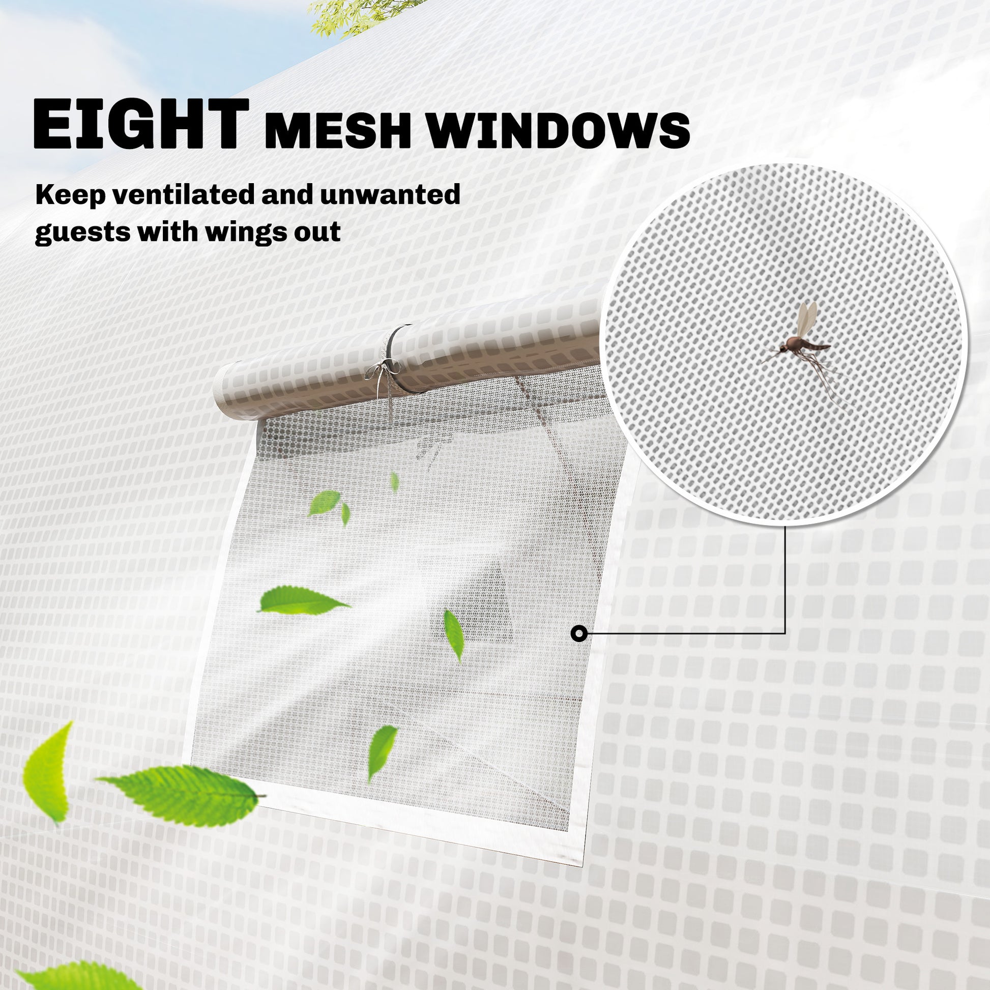 Walk-in Tunnel Greenhouse with 2 Support Rods, Mesh Door, Plant Hot House with PE Cover, 20'x10'x7', White
