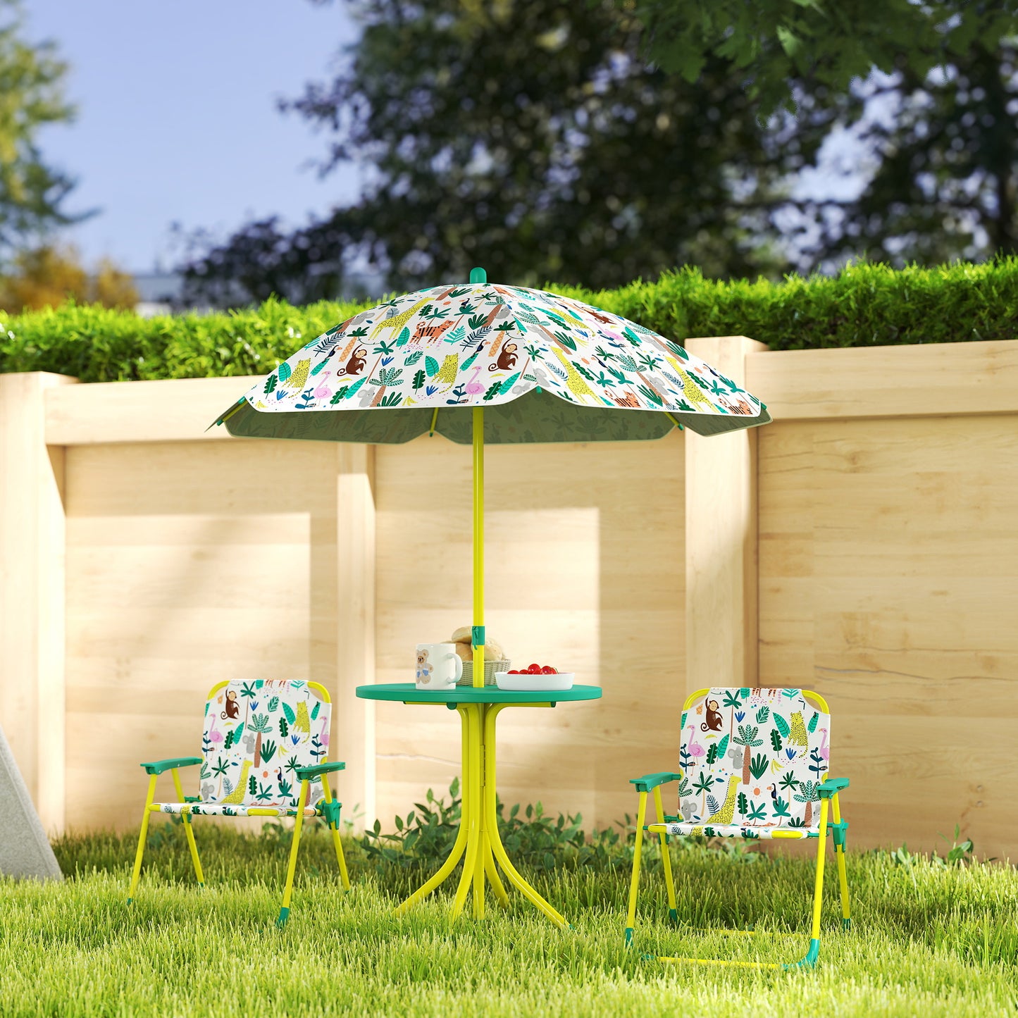 Qaba Kids Picnic Table, Kids Table and Chair Set with 2 Folding Chairs and Umbrella for Backyard, Garden, Patio, Green