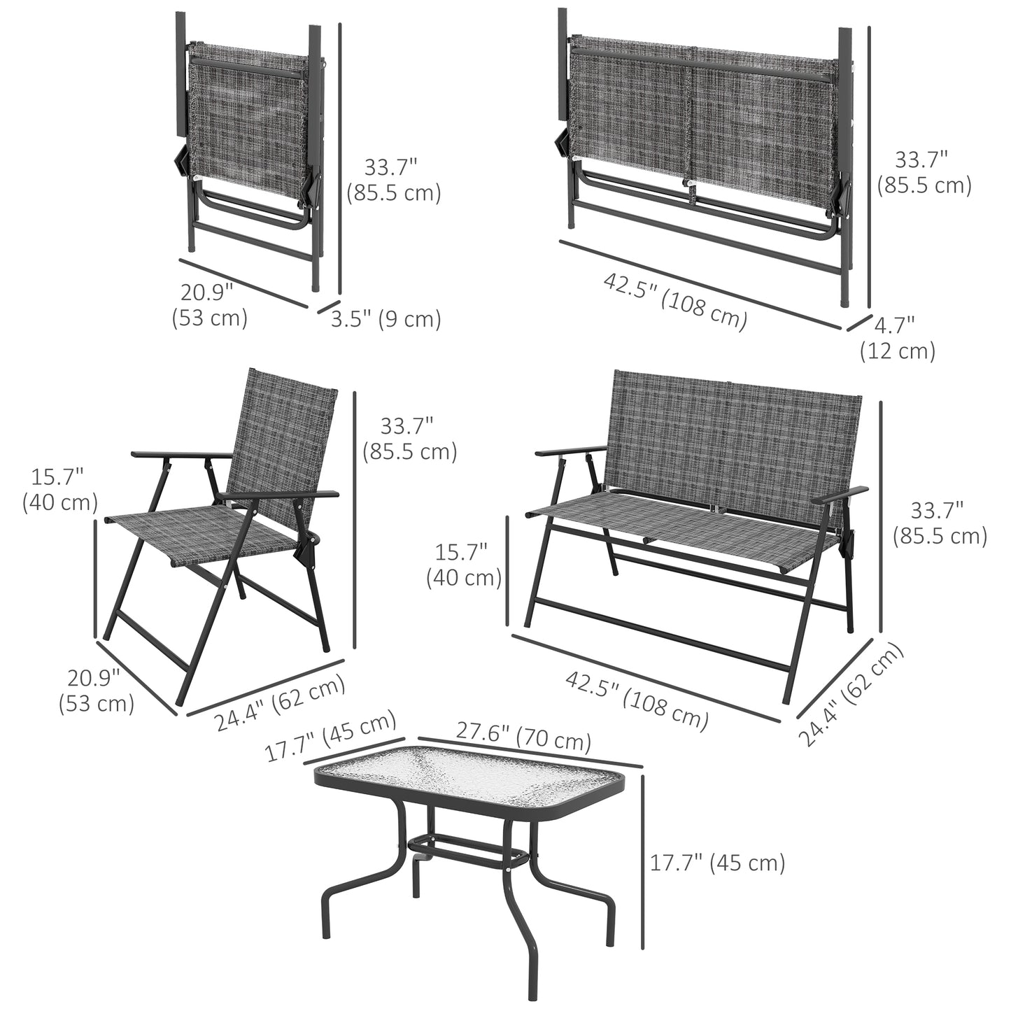 Outdoor 4 Pieces Patio Furniture Set, Garden Set with Two Foldable Armchairs, a Loveseat & Glass Top Table, Mixed Grey