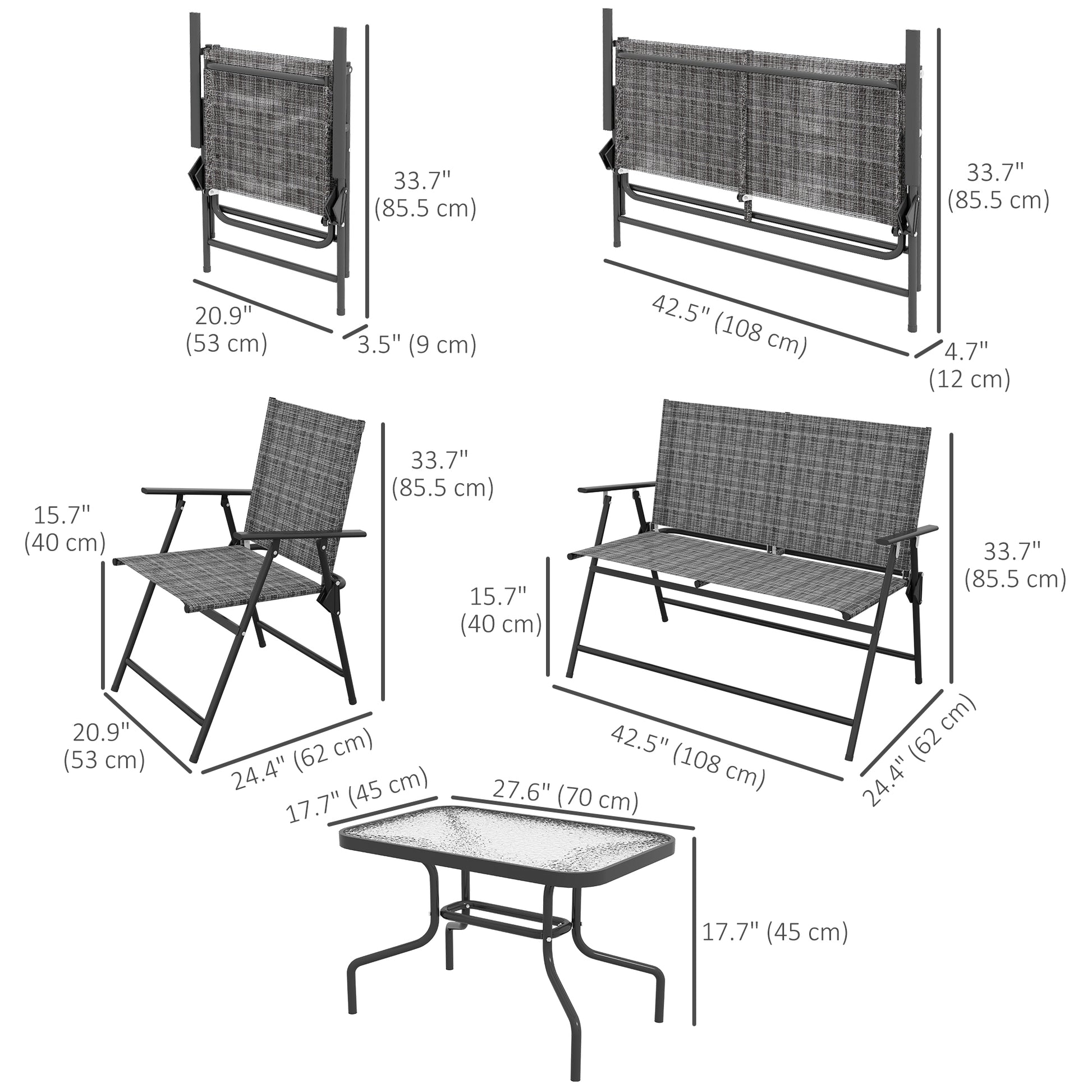 Outdoor 4 Pieces Patio Furniture Set, Garden Set with Two Foldable Armchairs, a Loveseat & Glass Top Table, Mixed Grey