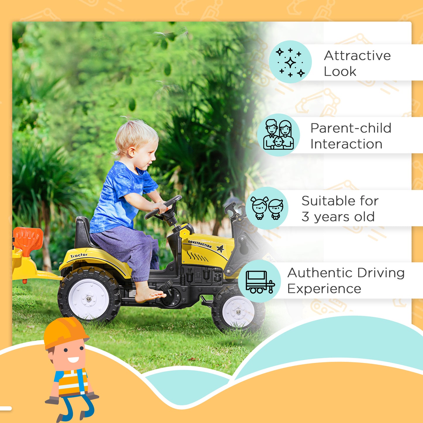 Aosom Front Loader Excavator Ride On Toy Pedal Control with 6 Wheels Controllable Bucket for 3 Year Old, Yellow