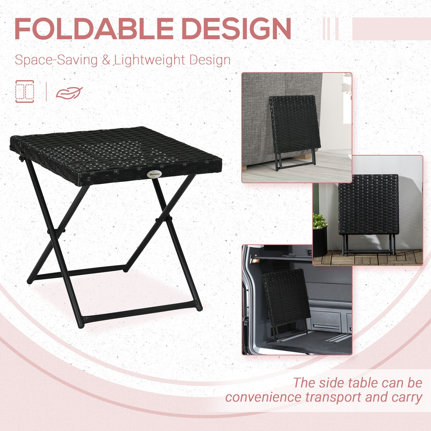 Patio Wicker Coffee Table, Outdoor PE Rattan Garden Folding Side Table, 15.75"x15.75"x15.75", Black