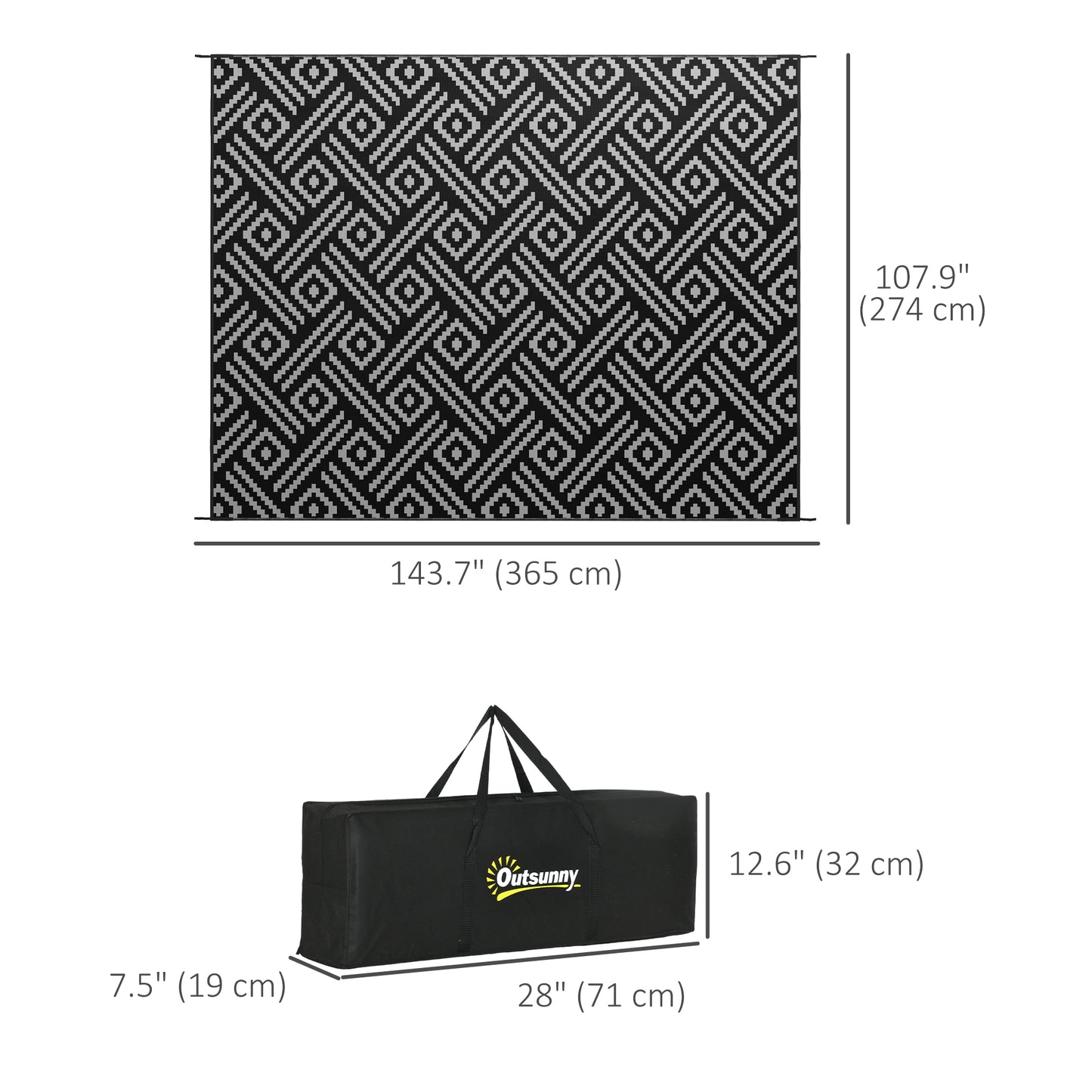 Reversible Outdoor Rug Waterproof Plastic Straw RV Rug with Carry Bag, 9' x 12', Black and Grey Geometric