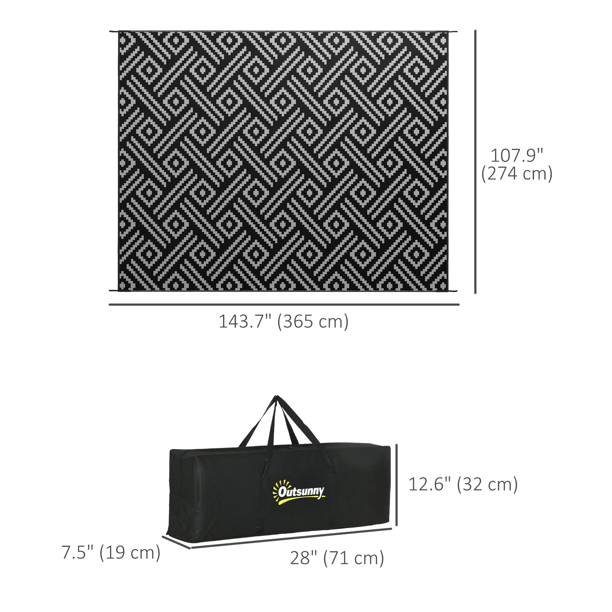 Reversible Outdoor Rug Waterproof Plastic Straw RV Rug with Carry Bag, 9' x 12', Black and Grey Geometric