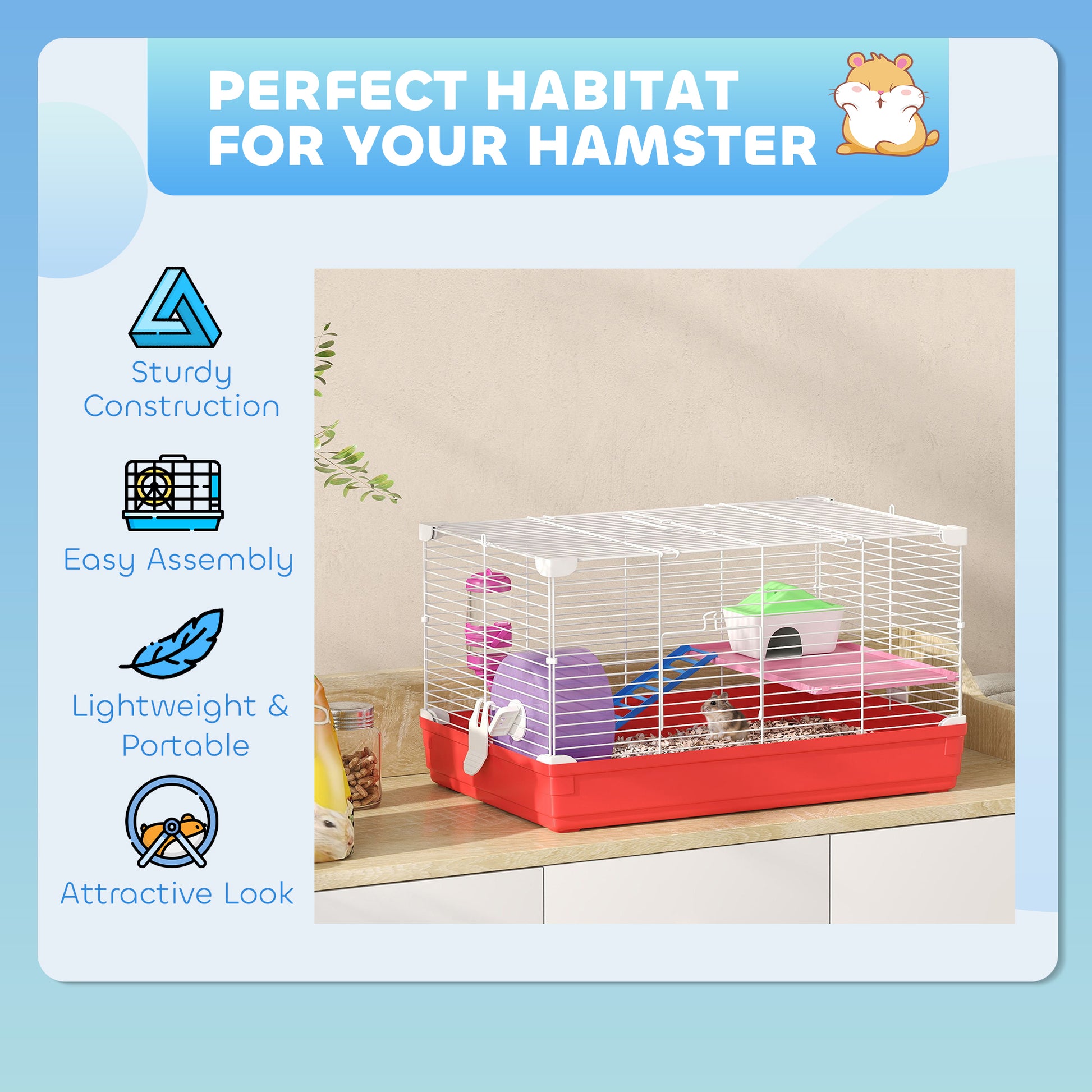 18.5'' Hamster Cage with Exercise Wheel and Water Bottle Dishes, Rat House and Habitats 2 Storey Design, Red
