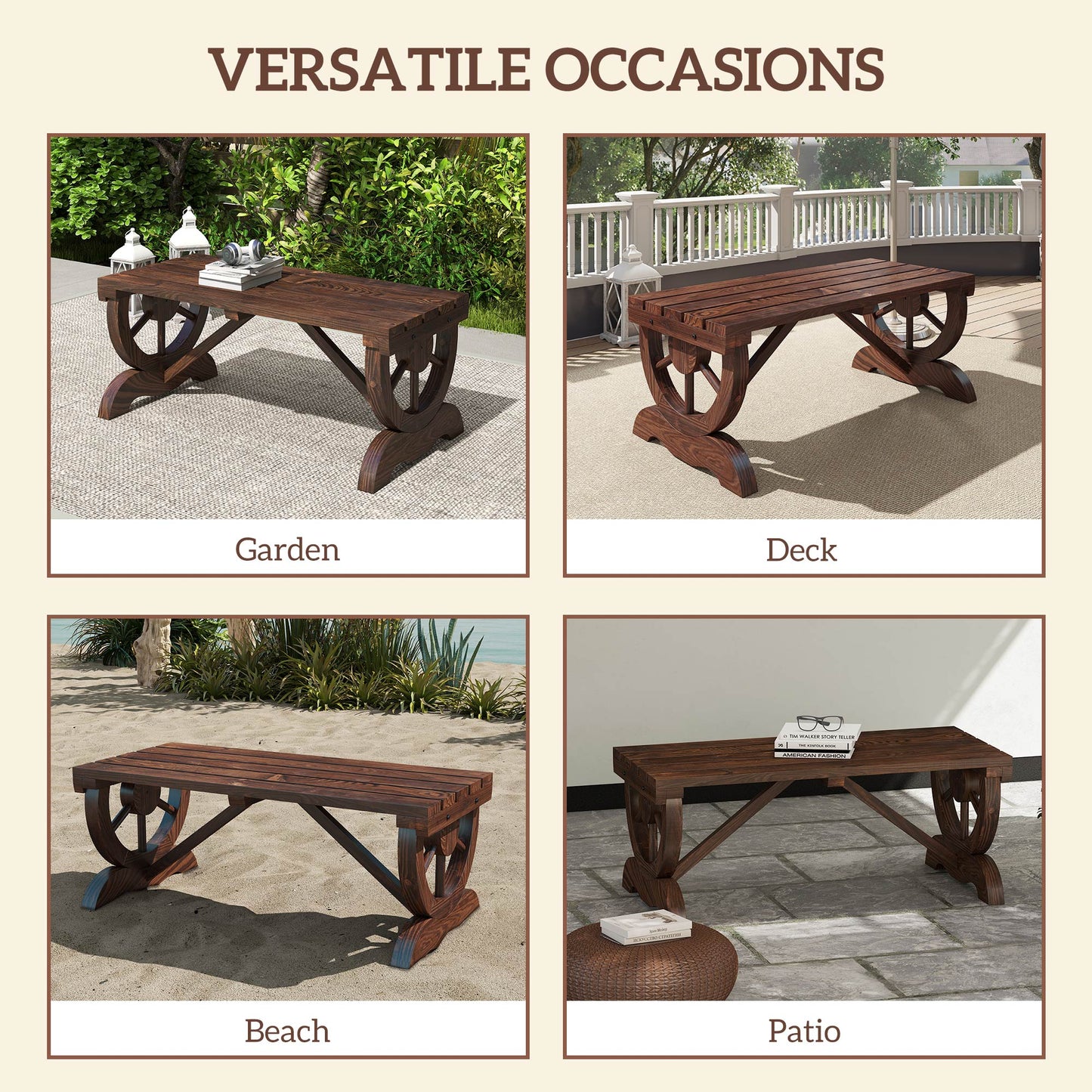 Rustic Wood Wheel Outdoor Garden Bench for 2-Person with a Unique Wheel Design on the Legs & Strong Build, Brown